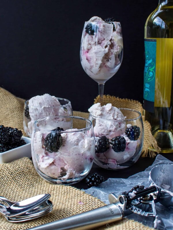 moscato ice cream with blackberries in various glasses
