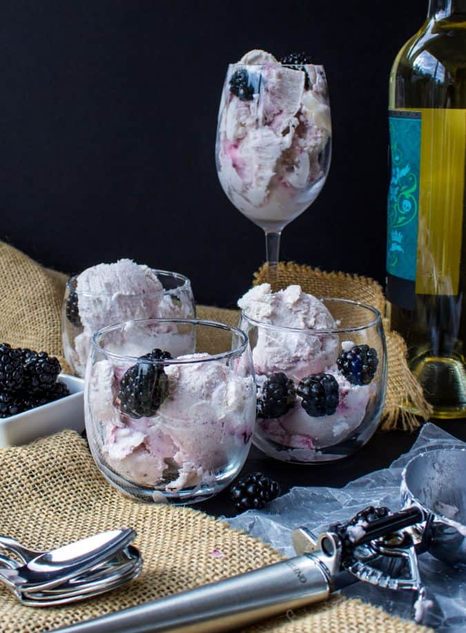 moscato ice cream with blackberries in various glasses