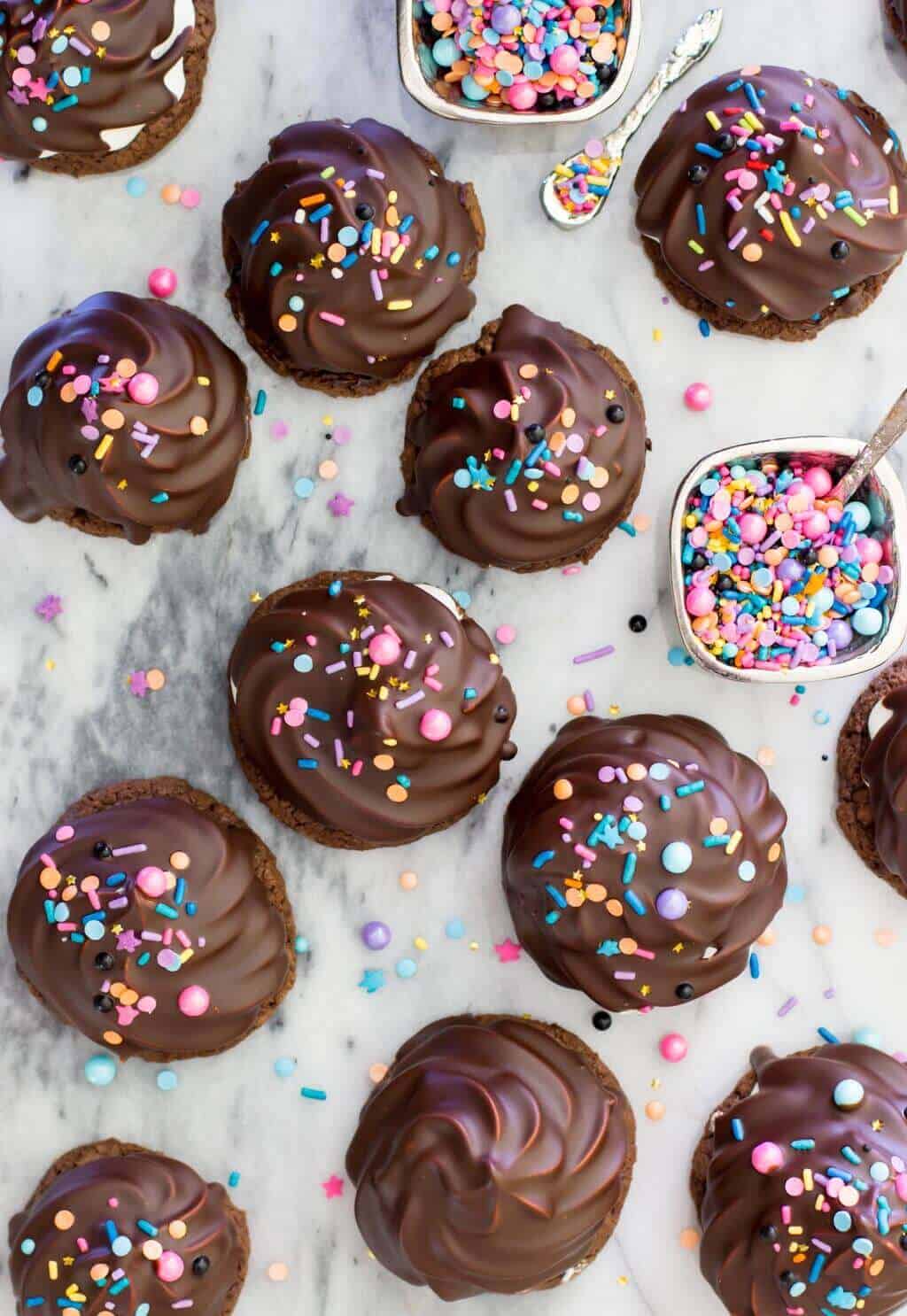 High Hat Cookies -- Chocolate brownie cookies topped with marshmallow frosting and dipped in chocolate