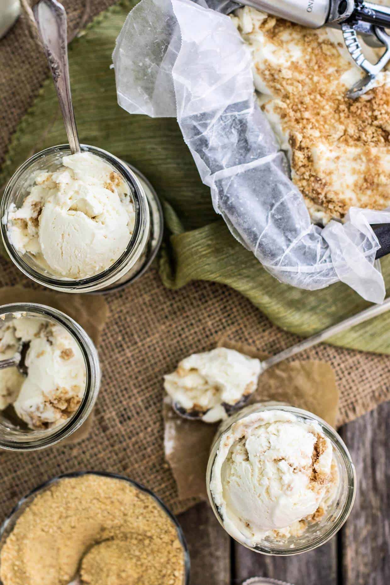 Overhead of Key lime pie ice cream in a glass jar