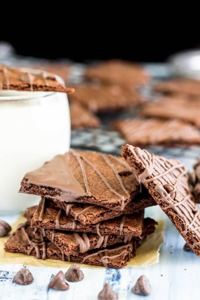 How to make homemade brittle BROWNIE BARK! Easy and so much cheaper than buying from the store! #brownie #browniebrittle #chocolate #sugarspunrun stack of brittle brownie bark