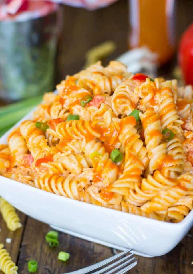 Buffalo chicken style pasta salad in a white bowl