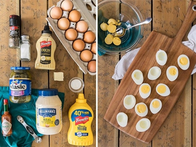 Everything you need for the BEST Deviled Eggs! Can you spy the secret ingredient? #deviledeggs #easterrecipe Ingredients for Deviled Eggs and removing yolks from the whites