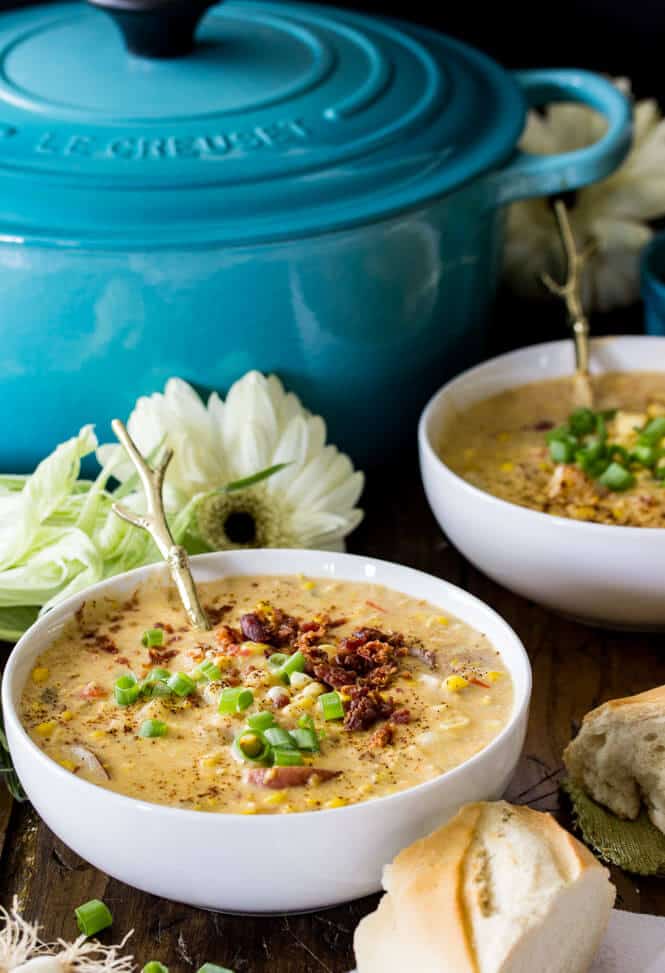 SUMMER CORN CHOWDER! A simple, hearty summer soup! #cornchowder #summerrecipe #sugarspunrun Corn chowder in white bowls