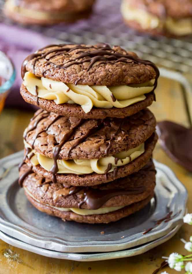 Stack of chocolate caramel sandwich cookies