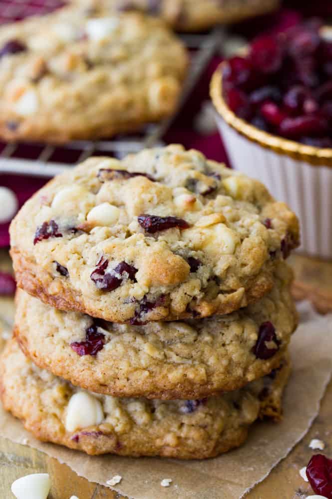 Stack of cranberry oatmeal white chocolate cookies