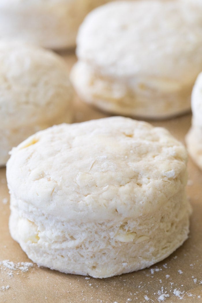Buttery biscuit dough cut into 2 3/4" rounds