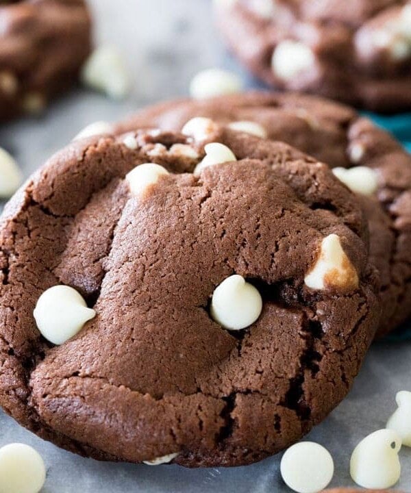 Inside out chocolate chip cookies made with chocolate cookie dough and white chocolate chips.