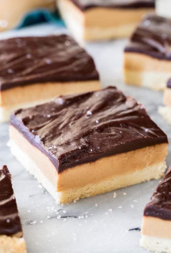 Peanut Butte rShortbread Bars topped with fudgy chocolate ganache and a sprinkle of sea salt Peanut Butter Shortbread Slice