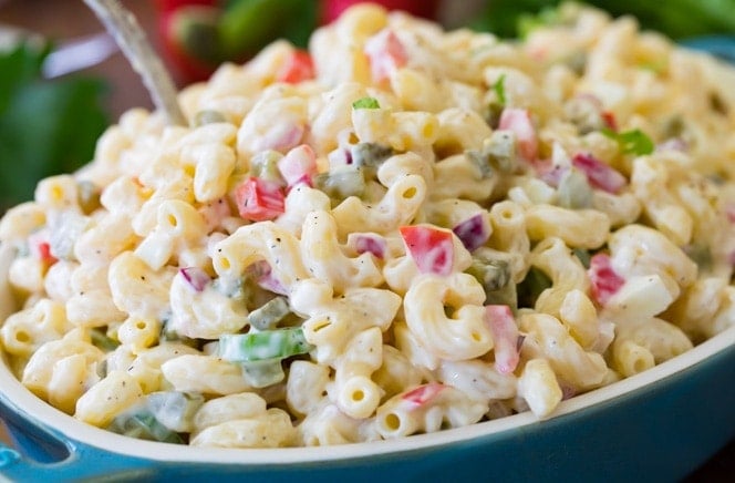How to make the BEST Macaroni Salad! Everyone LOVED this, it got rave reviews! #macaronisalad #pasta #pastasalad #recipe #cookout #potluckfood #sidedish Macaroni Salad in a serving dish
