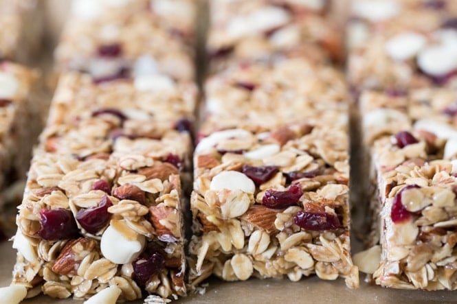Simple substitutions were used to make white chocolate/cranberry granola bars. White chocolate cranberry granola bars