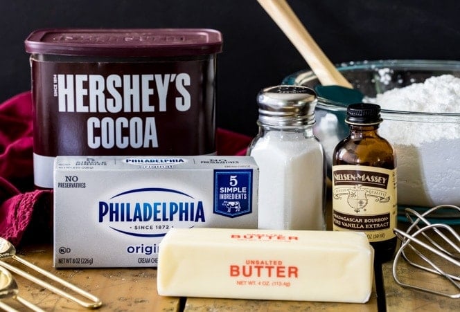 How to make Chocolate Cream Cheese Frosting! Smooth creamy, and perfect for piping, this is always a hit! #frosting #icing #chocolatefrosting #creamcheesefrosting #dessert #recipe Ingredients for chocolate cream cheese frosting