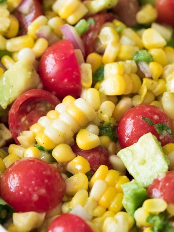 close up of corn salad in bowl