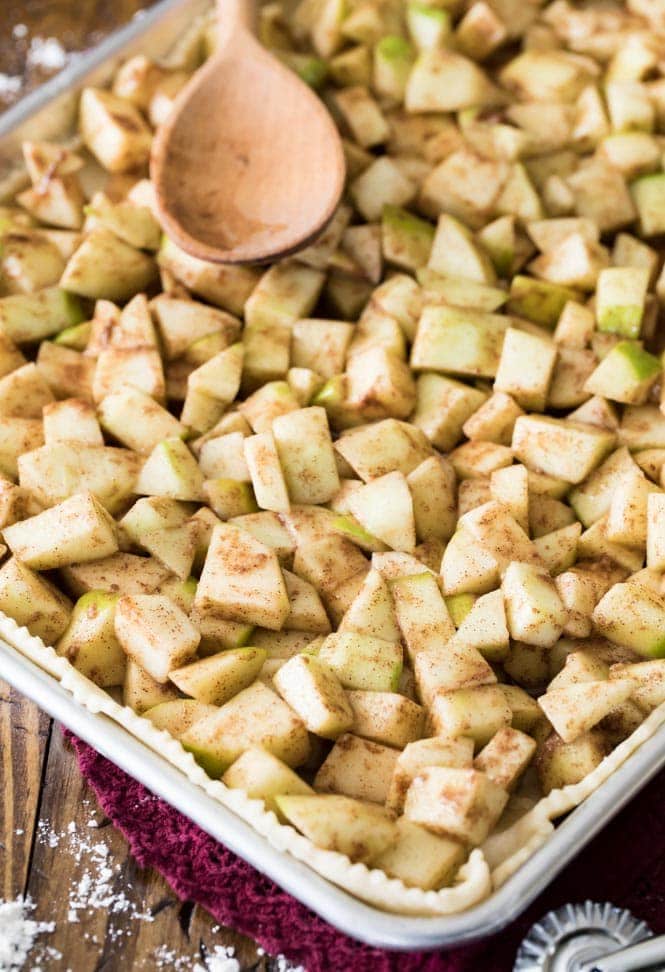 Have you ever made a slab pie? This APPLE SLAB PIE is so simple to make and to serve! #applepie #fallrecipe #fallbaking #applerecipe #Thanksgivingrecipe #thanksgiving Apple Slab Pie Ingredients in crust