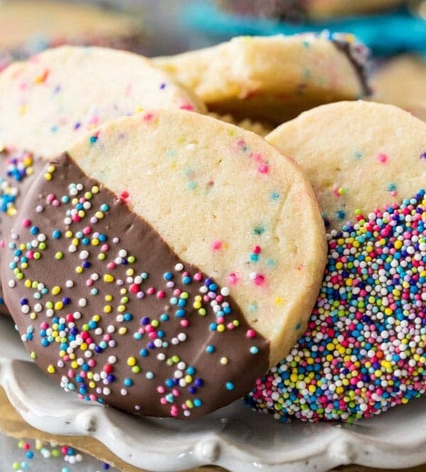 Slice and bake cookies dipped in chocolate, with sprinkles