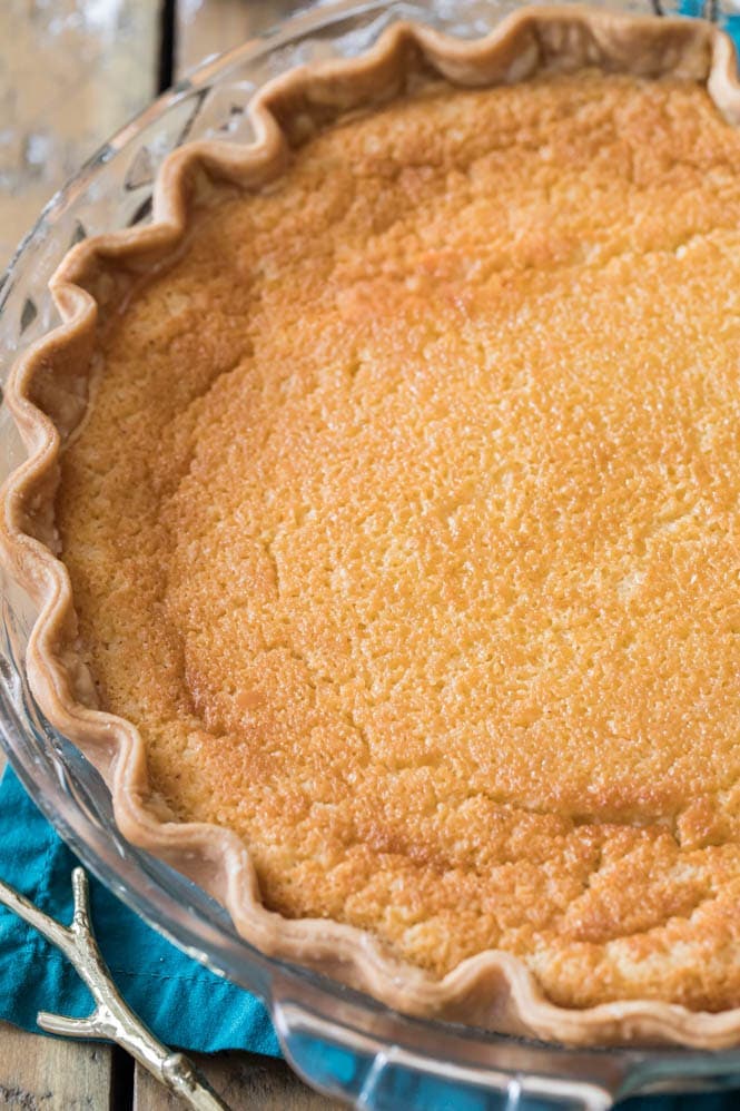 Have you ever tried BUTTERMILK PIE! A great old-fashioned recipe! #pie #thanksgivingpie freshly baked buttermilk pie with golden surface