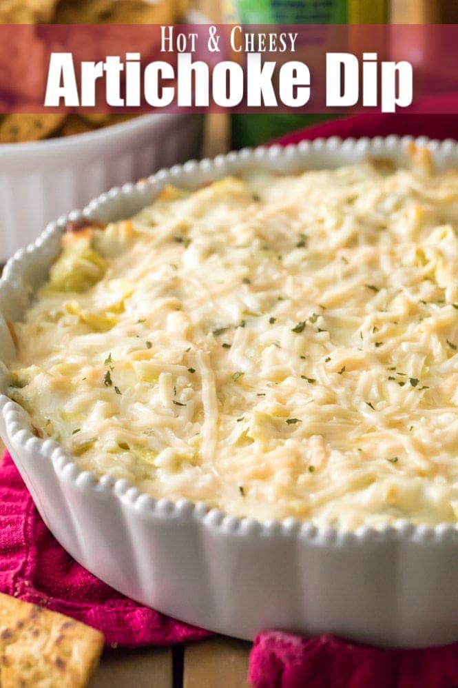 artichoke dip in white pie plate