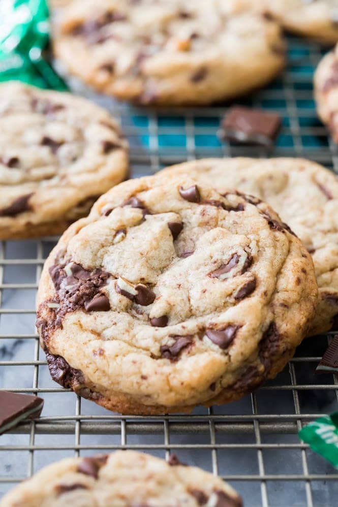 Mint Chocolate Chip Cookies! Soft and chewy, no mixer required. These have just the right balance of mint and chocolate without being overwhelmingly minty. #mintchocolate #stpatricksdayrecipe Two mint chocolate chip cookies