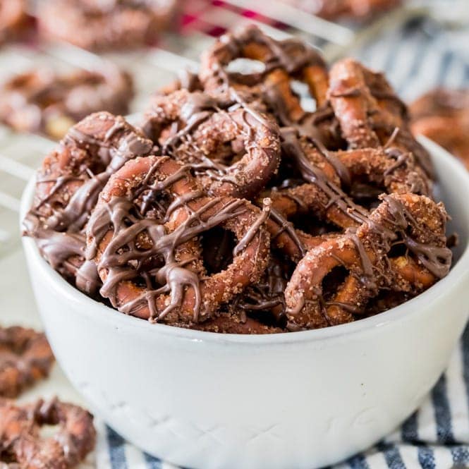 Candied pretzels in bowl