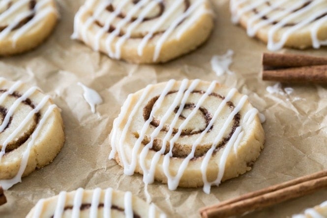 cinnamon roll cookies on parchment paper