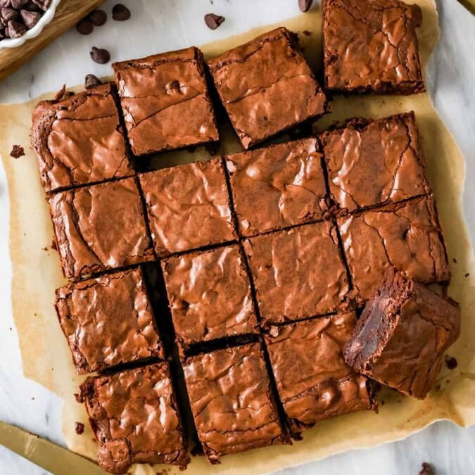 Overhead of shiny, crackly fudgy homemade brownies from scratch