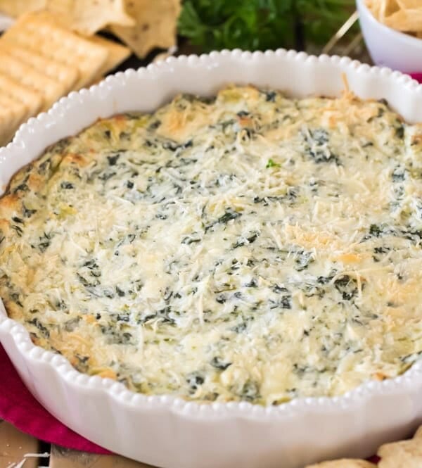 artichoke dip in white pie plate