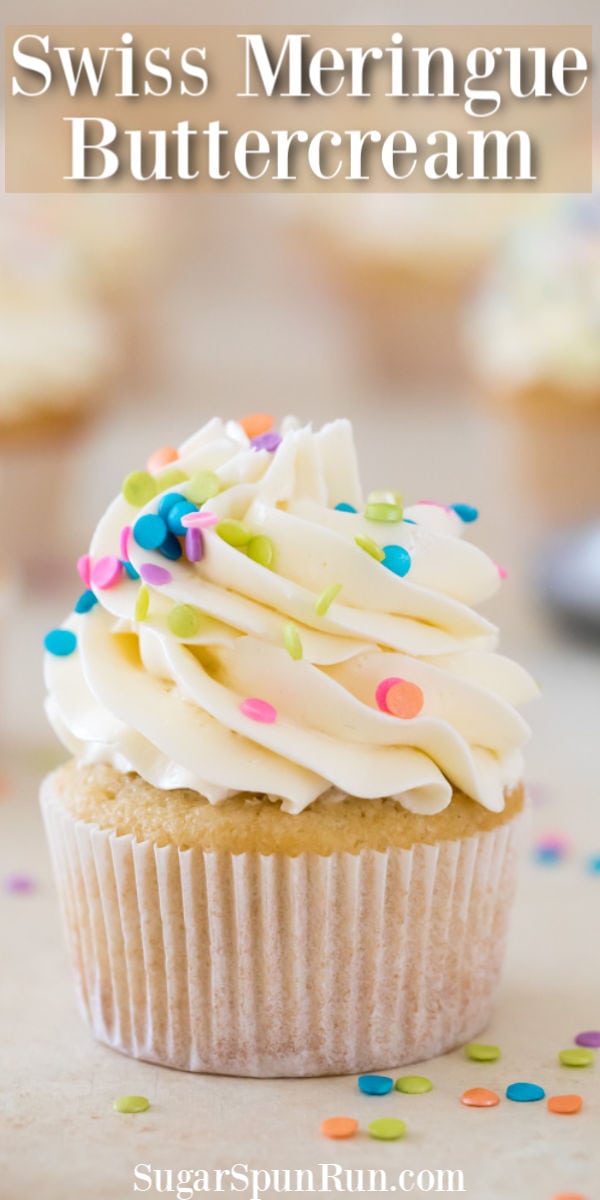 Swiss meringue buttercream piped on top of cupcake