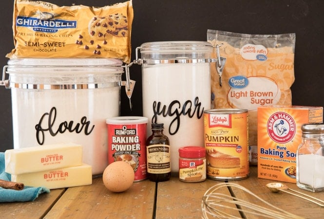Ingredients needed for pumpkin chocolate chip cookies