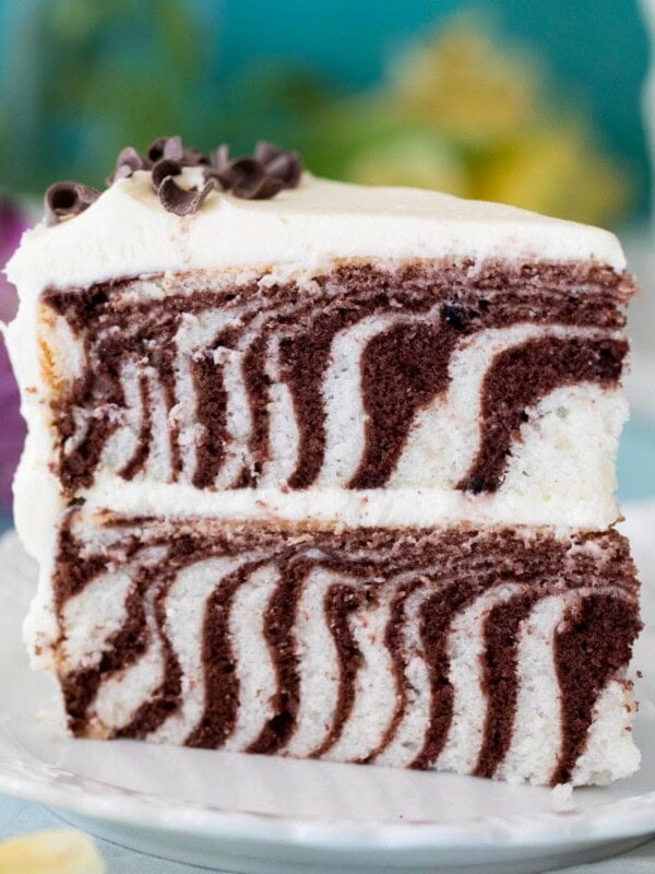 slice of striped zebra cake standing upright on white plate