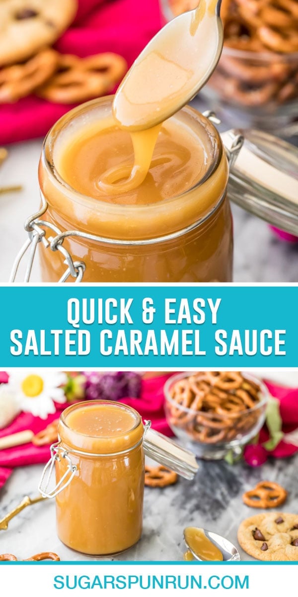 collage of caramel sauce, top picture of spoon dripping caramel sauce, bottom picture of caramel sauce in jar with open lid and pretzels used for dipping