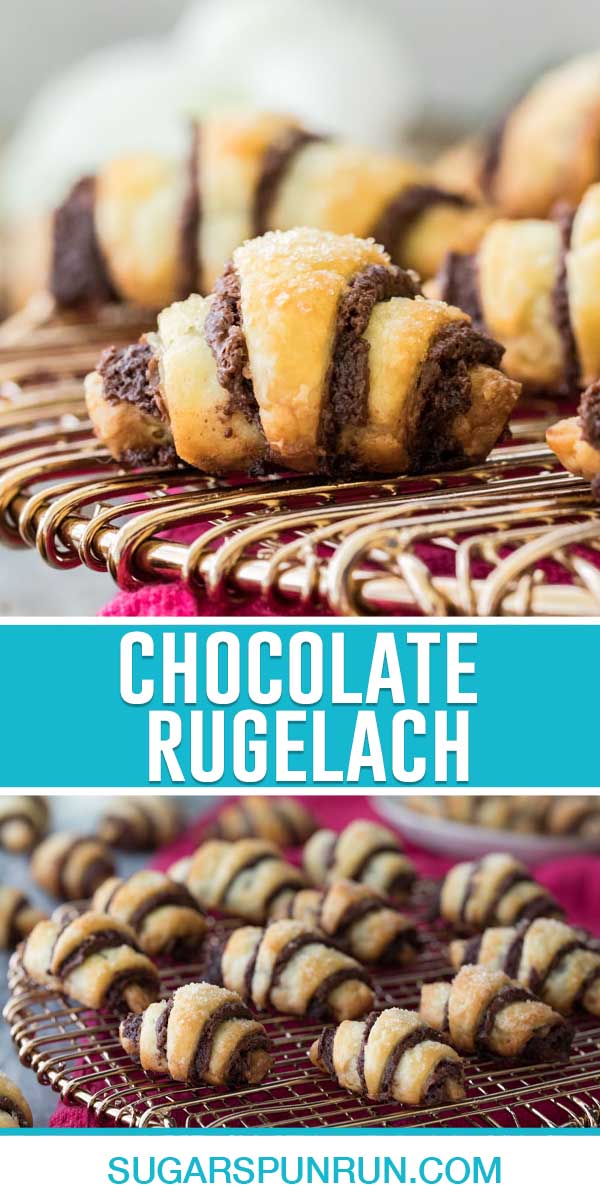 collage of chocolate rugelach, top image is a close up of one cookie, bottom is of several cookies on wire rack