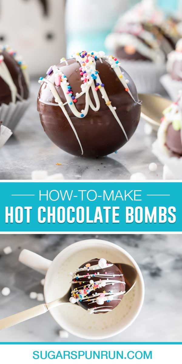 collage of hot chocolate bombs, top image is of single bomb with white chocolate drizzle and colorful sprinkles, bottom image is of same hot chocolate bomb on spoon on top of warm cup of milk