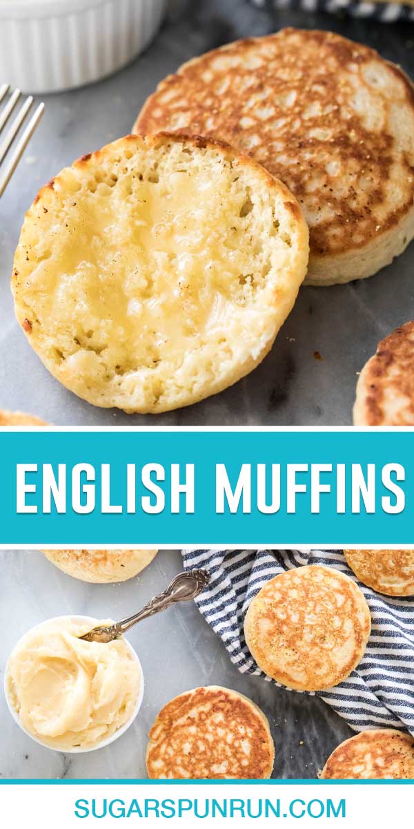 collage of english muffins, top image of buttered muffin sliced, bottom image of butter in bowl and english muffins spread out
