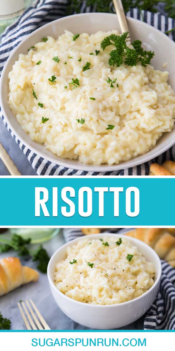 collage of risotto, top image is of close-up of birds eye view of risotto in white bowl, bottom image is risotto in white bowl on table
