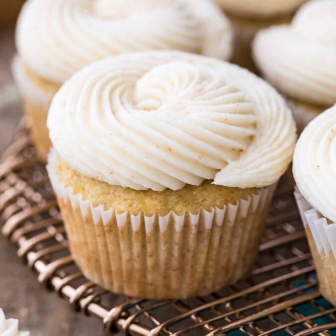 Closeup of frosted banana cupcake