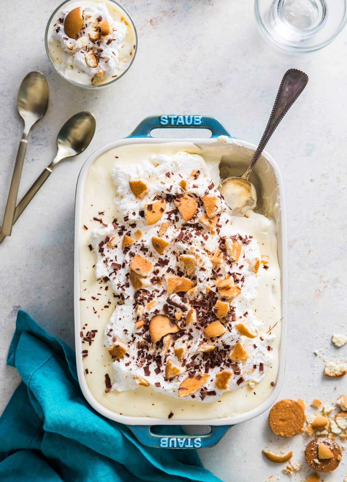 Overhead shot of homemade banana pudding in blue and white dish.