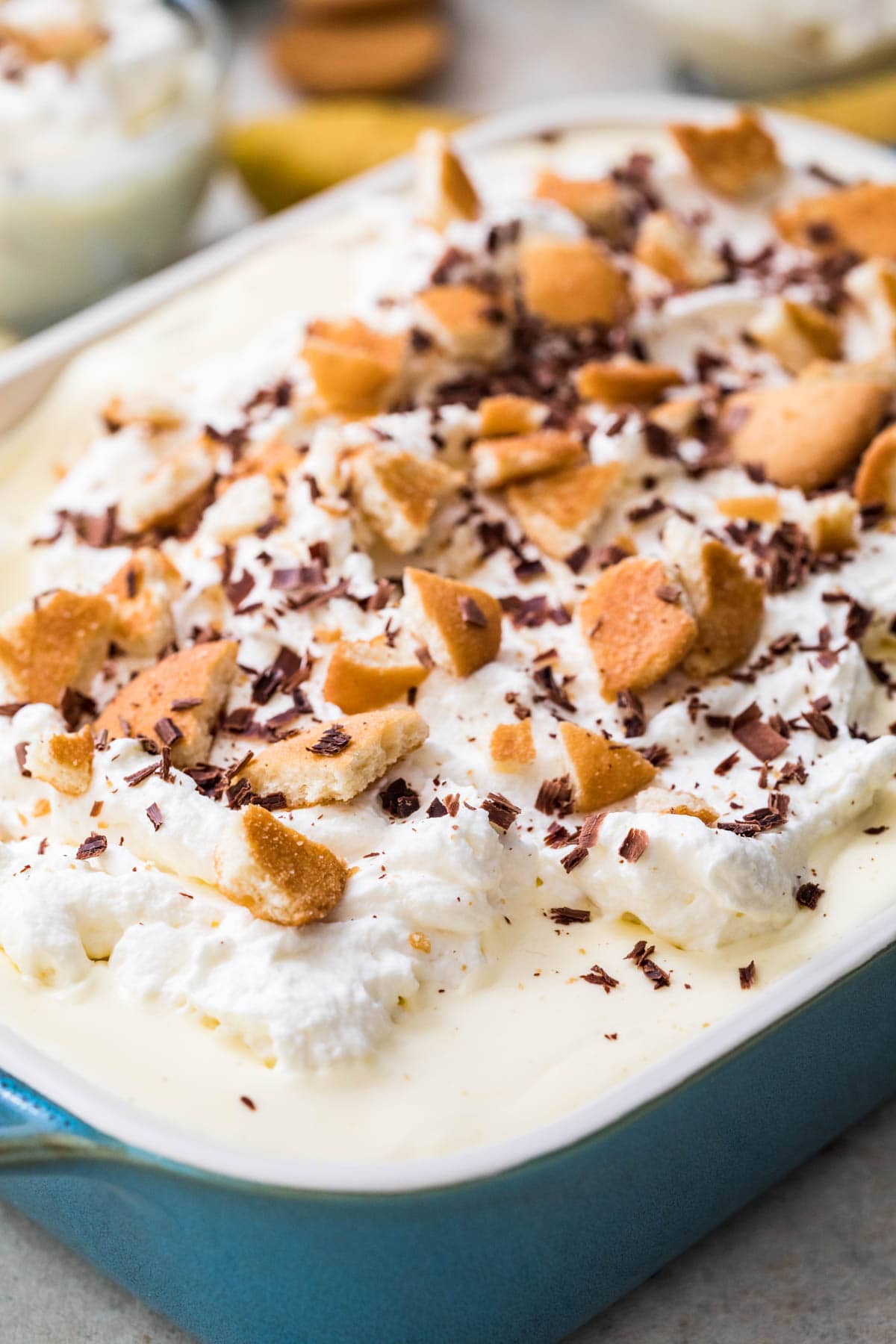 Finished banana pudding from scratch, close up in a blue dish.