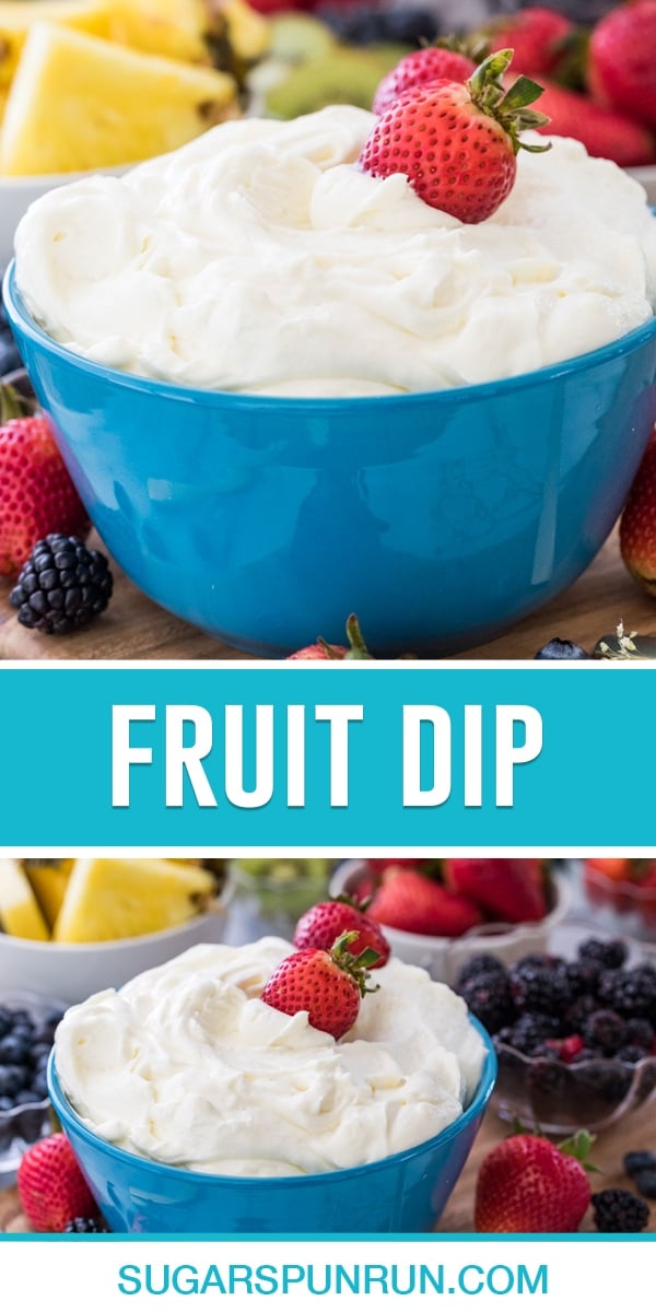 collage of fruit dip, top image close up of dip in blue bowl, bottom image of dip in bowl surrounded by fruit