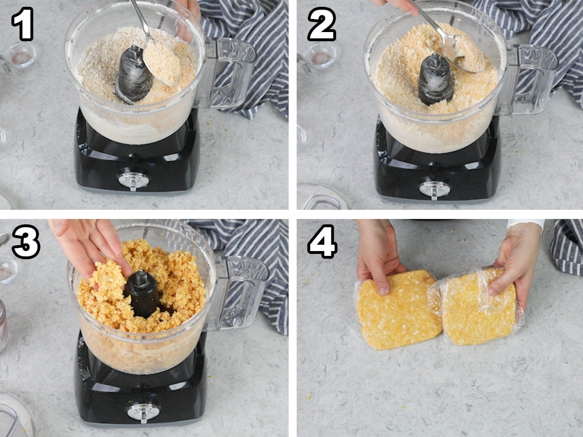 Collage of four photos showing how to make homemade cheese crackers