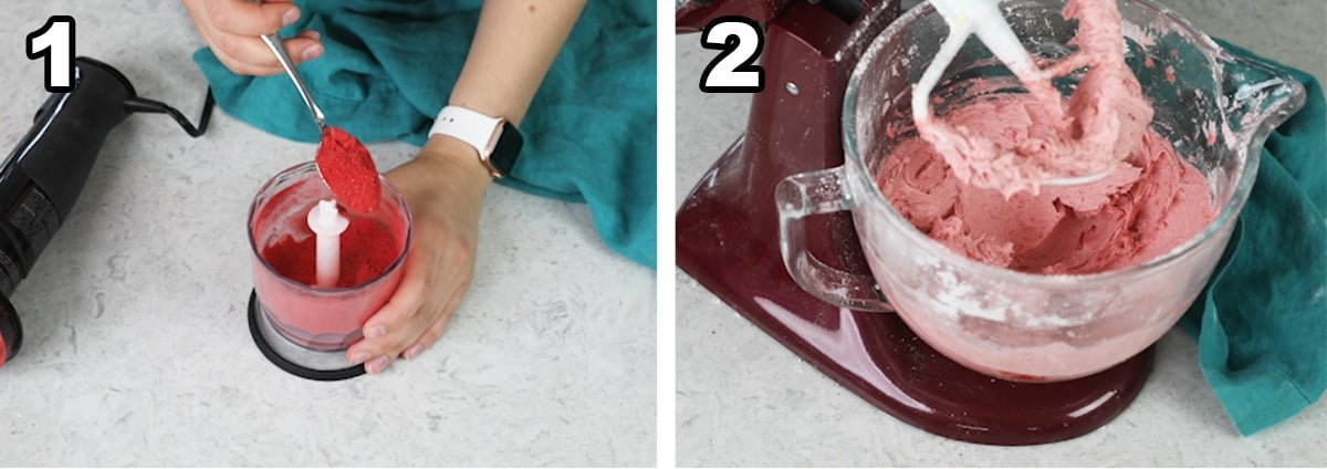 Collage with two photos showing how to make strawberry buttercream using freeze-dried berries