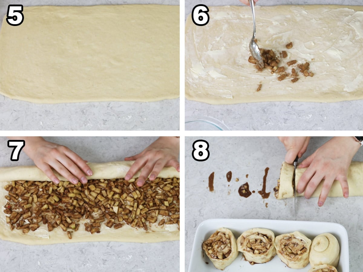 collage of four photos showing how to make apple cinnamon rolls 