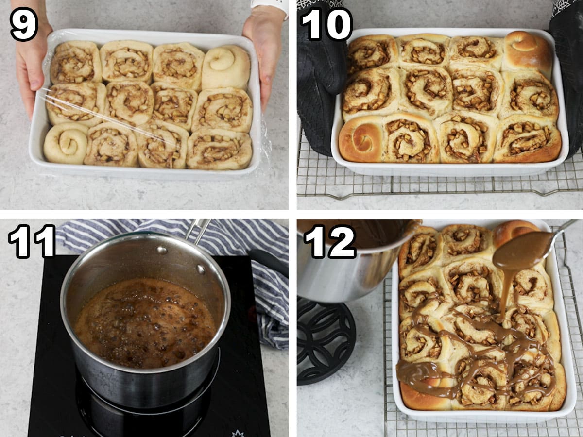 collage of four photos showing apple cinnamon rolls coming out of the oven and being glazed