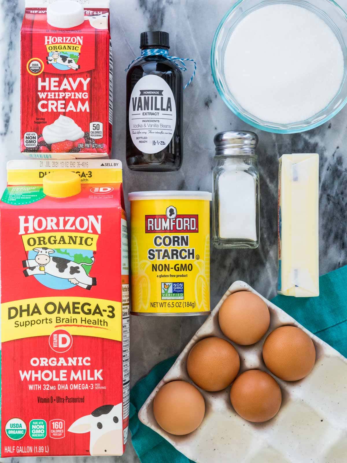 overhead view of ingredients for pastry cream