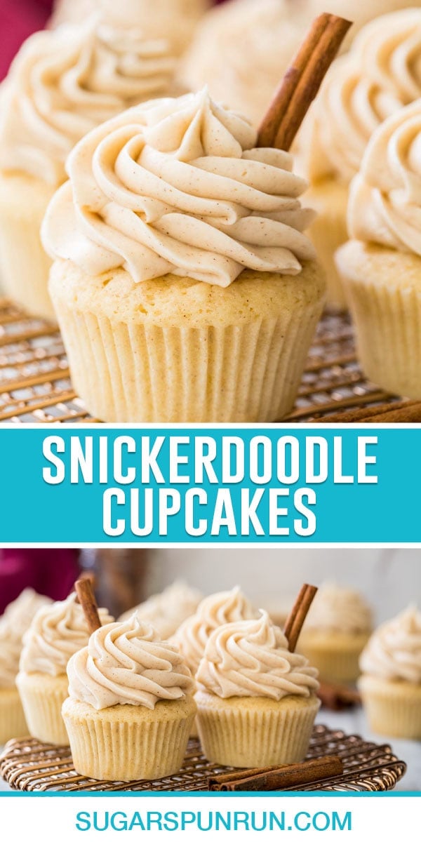 collage of snickerdoodle cupcakes, top image of close up of cupcake, bottom image of multiple images on wire serving tray