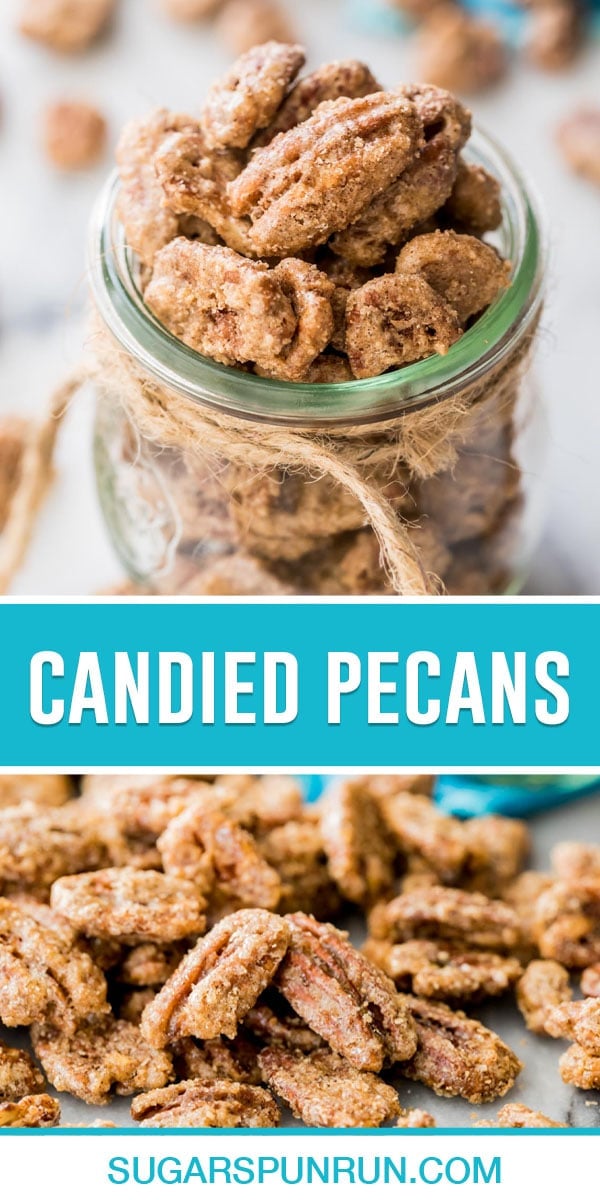 collage of candied pecans, top image of pecans in jar, bottom image of them spread out close up