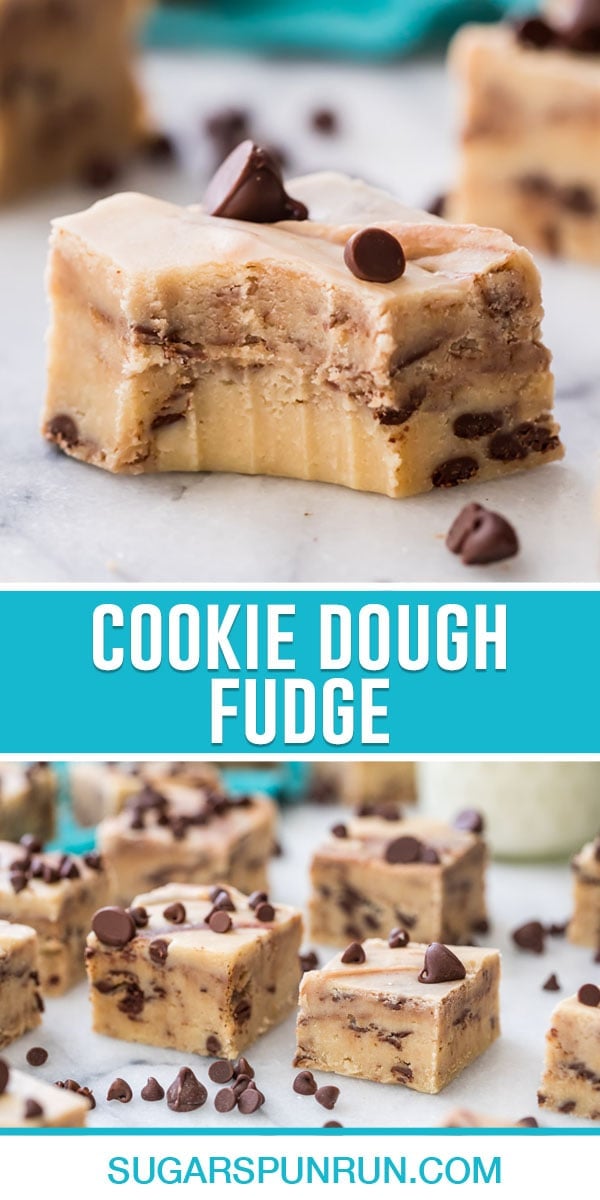 collage of cookie dough fudge, top image is a close up of fudge with bite taken out, bottom image is of multiple fudge spread out on slab