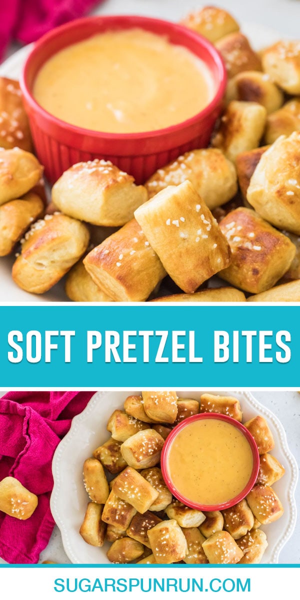 collage of soft pretzel bites, two images of bites taken at side view and from above
