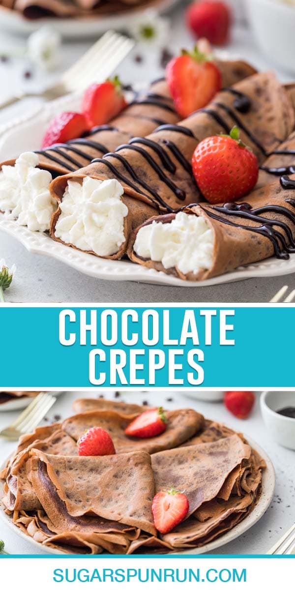 collage of chocolate crepes, top image of three crepes rolled with filling and served with strawberries, bottom image of them folded on plate