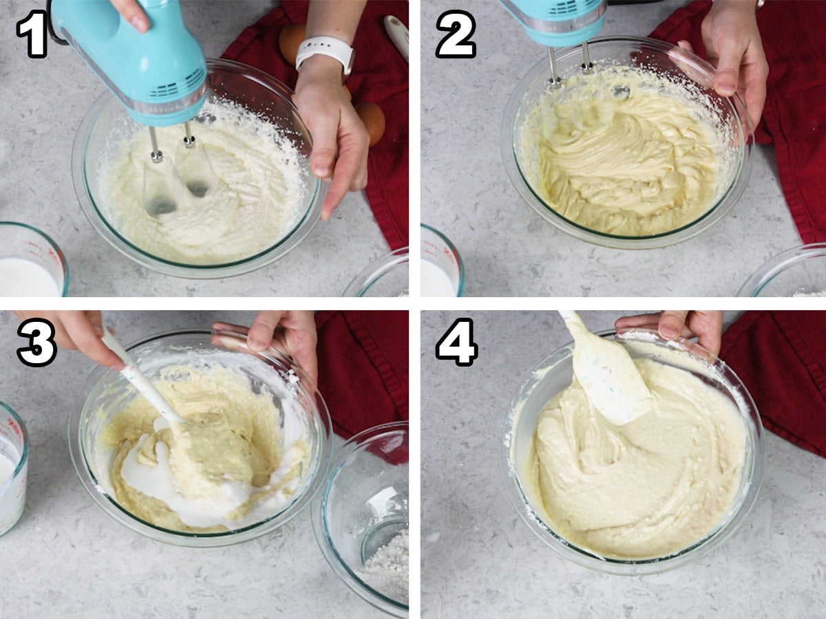 Collage of four photos showing how to make vanilla cake batter.