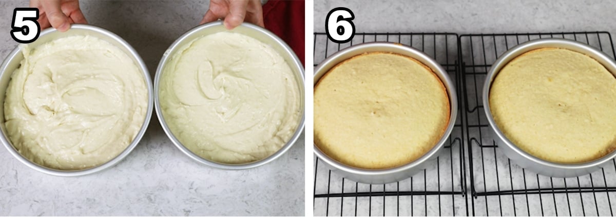 collage of two photos showing vanilla cake before and after baking.